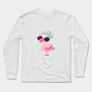 flamboyant flamingo with sunglasses and a flower hat Long Sleeve T-Shirt